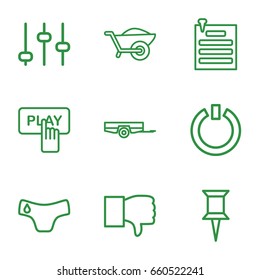 Push icons set. set of 9 push outline icons such as barrow, children panties, finger pressing play button, pin, wheelbarrow, paper pin, switch off, dislike