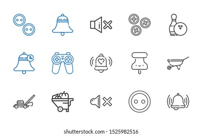 push icons set. Collection of push with bell, button, mute, wheelbarrow, lawnmower, pushpin, gamepad, bowling, buttons. Editable and scalable push icons.