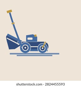 Push lawn mower drawn as a wheeled machine seen from the side with a rounded cutting deck, a curved push bar and a plain collector bag, a flat geometric vector in navy cream colours with plain panels left free for your own dates and wording.