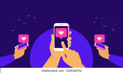 Push the like button for more likes concept flat vector illustration of human hands hold smart phones and push the heart button on the screen. Social media and speech bubbles with heart symbols