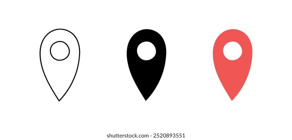 Conjunto de ícones de local de push. Símbolo do vetor de posição de local. Contorno, preto, vermelho. Ícone de linha de pin do mapa do Gps. Sinal de pin do ponteiro de navegação para aplicativos e sites. Ilustração vetorial