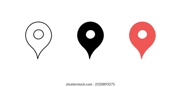 Conjunto de ícones de local de push. Símbolo do vetor de posição de local. Contorno, preto, vermelho. Ícone de linha de pin do mapa do Gps. Sinal de pin do ponteiro de navegação para aplicativos e sites. Ilustração vetorial