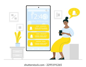 Push message concept. Chat or dialogue on smartphone screen, SMS. Social networks and messengers. Notifications on phone, interface of programs and applications. Cartoon flat vector illustration