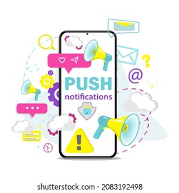 Push notice notification message on mobile phone. vector illustration.
