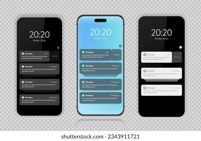 Push notification message on mobile phone on light background, smartphone mobile phone sms popup with updated check mark. Tick and text vector flat cartoon.