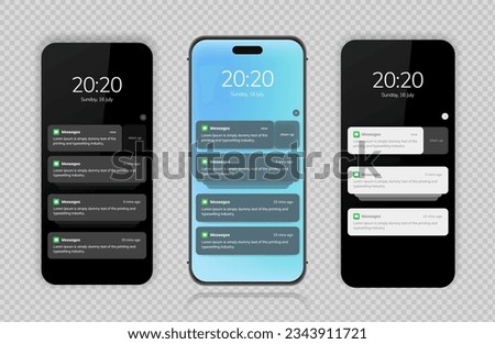 Push notification message on mobile phone on light background, smartphone mobile phone sms popup with updated check mark. Tick and text vector flat cartoon.