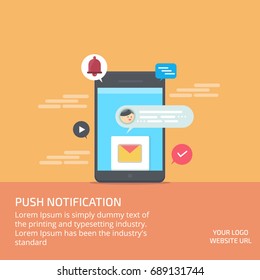Push notification, mobile messenger marketing, email campaign, drip marketing flat vector banner illustration