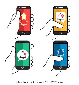 Push notification phone in hand. Smartphone reminders bell alert app, mobile important messages icons, vector illustration