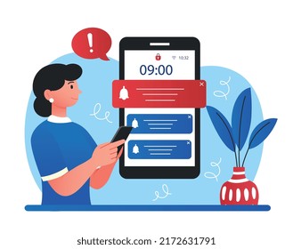 Push notifications concept. Woman with smartphone checks news in applications. Program updates, messages in instant messengers and social networks. Announcement. Cartoon flat vector illustration