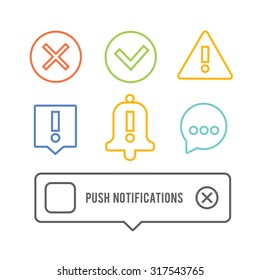Push notifications elements linear icons set. 