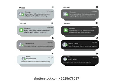 Push notifications icons. Notification template Message Interface. Message bubble icons.  displaying alerts and messages on the screen. Vector.