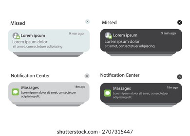 Iconos de notificaciones push. Interfaz de mensajes de Plantilla de notificaciones. Iconos de burbuja de mensajes. mostrando alertas y mensajes en la pantalla. Vector.