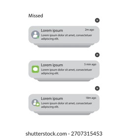 Iconos de notificaciones push. Interfaz de mensajes de Plantilla de notificaciones. Iconos de burbuja de mensajes. mostrando alertas y mensajes en la pantalla. Vector.