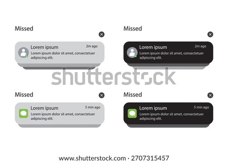 Push notifications icons. Notification template Message Interface. Message bubble icons. displaying alerts and messages on the screen. Vector.