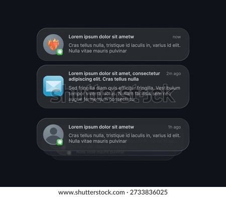 Push notifications, messages, vector illustration modern glass theme template mockup. Online chat glassmorphism. Message bubble icons with for smartphone notification center, displaying alerts