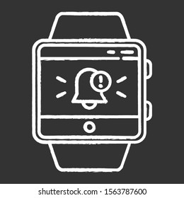 Push notifications smartwatch function chalk icon.Fitness wristband capability. Modern device feature. Alert box with specified message to user. Bell symbol. Isolated vector chalkboard illustration