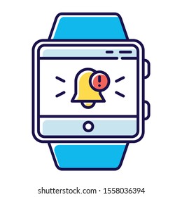 Push notifications smartwatch function color icon. Fitness wristband capability. Modern device feature. Alert box with specified message to user. Bell symbol. Isolated vector illustration