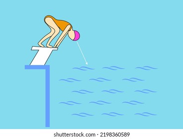 Push off the tower, jump into the water in swimming pool.