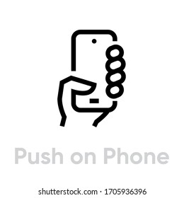 Icono de Cámaras telefónicas. Vector de línea editable. La palma de elemento de un hombre tiene un moderno smartphone y los dedos presionan el botón. Pictograma único.