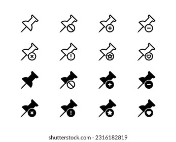 Push pin actions interface vector icons set. Unfasten, add pin, minus pin, delene pin, favorite and like pins icons.