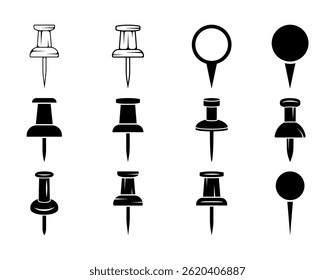 Push Pin Clip Art Cor Preta Enorme Coleção, Conceito Criativo E Fundo Branco.
