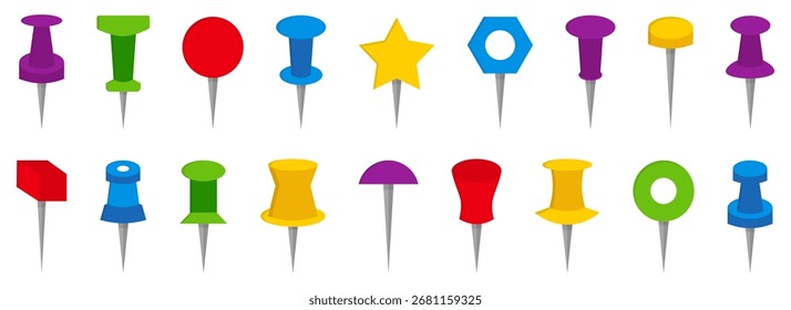 Colección de pin de empuje con diferentes Formas. Coloridos pines de oficina y papelería para notas y recordatorios