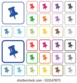 Push pin color flat icons in rounded square frames. Thin and thick versions included.