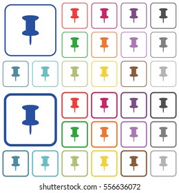 Push pin color flat icons in rounded square frames. Thin and thick versions included.