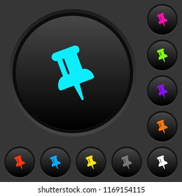 Push pin dark push buttons with vivid color icons on dark grey background