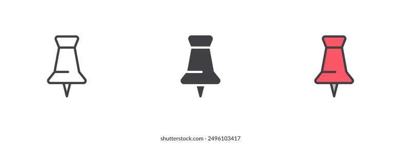 Push pin diferente conjunto de iconos de estilo. Línea, glifo y contorno relleno versión colorida, contorno y signo de Vector relleno. Símbolo de la chincheta, ilustración del logotipo. Gráficos de Vector