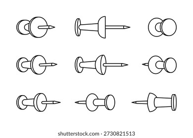 Push Pin Different Views Outline Vector Set Isolated