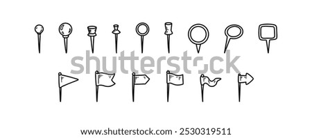 Push pin doodle set. Location, paper, document, dashboard, sewing note, map pins and flags. Hand drawn sketch vector illustration. Navigation thumbtack. Needles for fixing paper