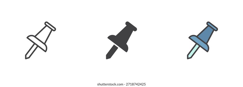 Icono de educación de pin de empuje establecido en línea, estilo colorido de contorno sólido y lleno. Letrero y Vector de la herramienta del tablero de anuncios. Icono de Educación para recordatorios, organización escolar y planificación.