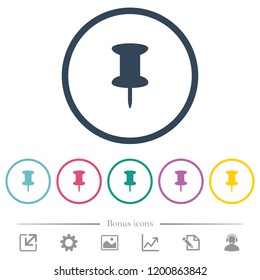 Push pin flat color icons in round outlines. 6 bonus icons included.