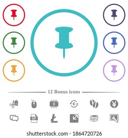 Push pin flat color icons in circle shape outlines. 12 bonus icons included.
