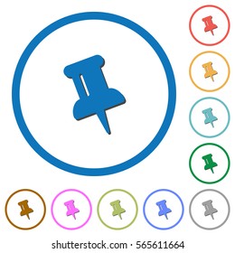 Push pin flat color vector icons with shadows in round outlines on white background