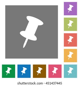 Push pin flat icon set on color square background.