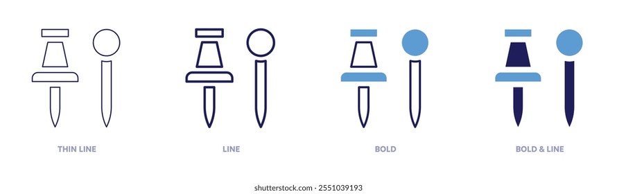 Push pin icon in 4 different styles. Thin Line, Line, Bold, and Bold Line. Duotone style. Editable stroke.