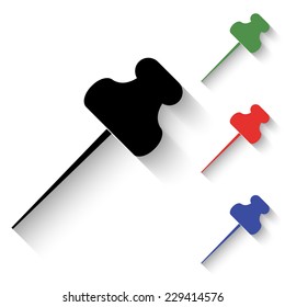 push pin icon - black and colored (green, red, blue) illustration with shadow
