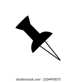 Push Pin Icon in black flat glyph, filled style isolated on white background