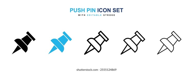 Push pin icon collection in black and blue colors