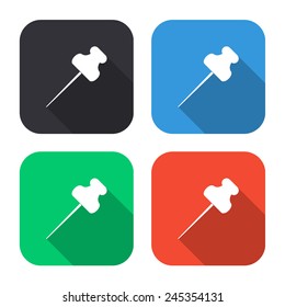 push pin icon - colored illustration (gray, blue, green, red) with long shadow
