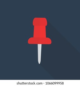 push pin icon in flat style with long shadow, isolated vector illustration on blue transparent background
