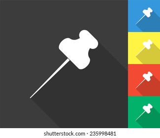 push pin icon - gray and colored (blue, yellow, red, green) vector illustration with long shadow