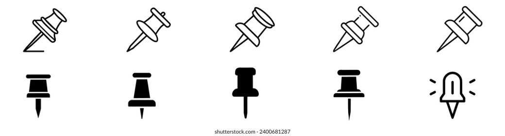 Push pin icon, Push pin icons set. Thumbtack for note attach collection. Paperclip symbol. Pushpin, pin icon vector, Push pin icon