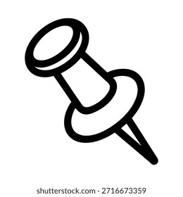 Push pin icon illustration in black and white representing location marker, notice board pin and office stationery concept in minimal flat design