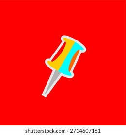 Ilustración de icono de pin de empuje. Ilustración vectorial del símbolo de Push pin. Push pin con sombra aislada sobre fondo rojo. Vector de diseño de icono de pin de empuje.	