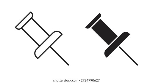 Icono de pin de empuje en diseño de línea y colores sólidos en blanco y negro para diseños