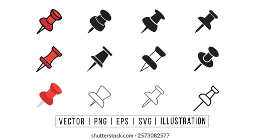 Push pin icon set in black and red color solid outline flat style. social media, Instagram pin icon. needle, pinned, attach, and note symbol. outlined, flat, vector icon, thumbstick, Paperclip.