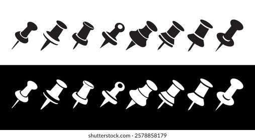 Push pin icon set in black and red color solid outline flat style. social media, Instagram pin icon. needle, pinned, attach, and note symbol. outlined, flat, vector icon, thumbstick, Paperclip